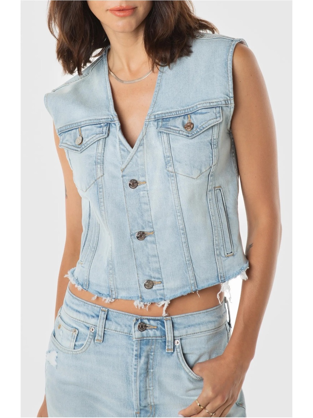 Etica Hollis Organic Cotton Denim Vest in Sea Foam Size S